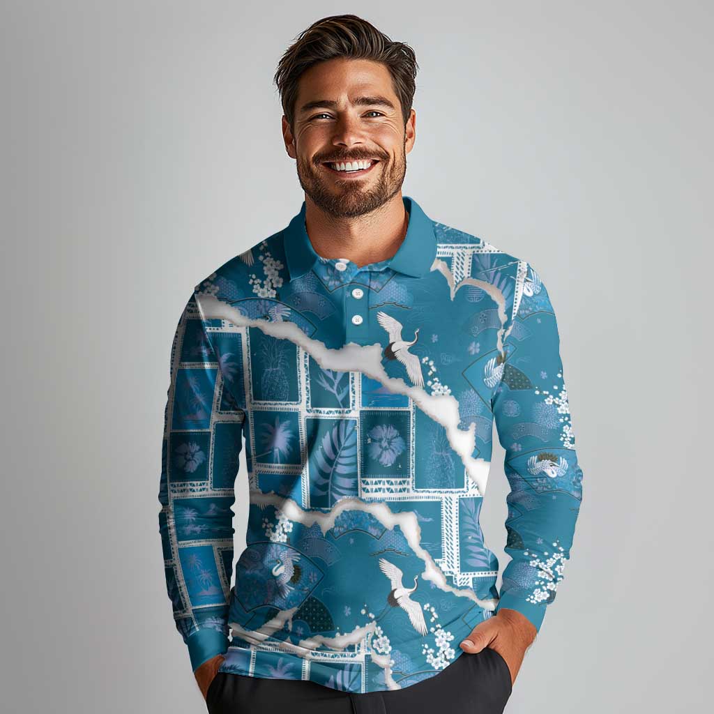 Hawaii Japanese Culture Blue Long Sleeve Polo Shirt Spring Cranes Aloha Pattern LT01 - Polynesian Pride