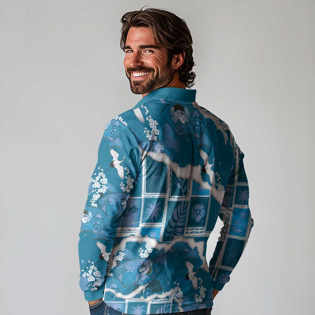 Hawaii Japanese Culture Blue Long Sleeve Polo Shirt Spring Cranes Aloha Pattern LT01 - Polynesian Pride