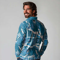 Hawaii Japanese Culture Blue Long Sleeve Polo Shirt Spring Cranes Aloha Pattern LT01 - Polynesian Pride