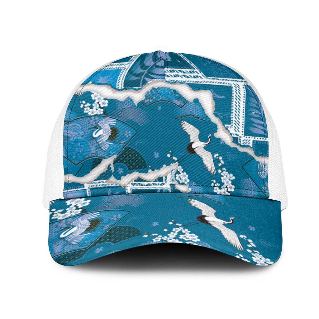Hawaii Japanese Culture Blue Mesh Trucker Cap Spring Cranes Aloha Pattern