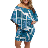 Hawaii Japanese Culture Blue Off Shoulder Short Dress Spring Cranes Aloha Pattern LT01 Women Blue - Polynesian Pride