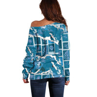 Hawaii Japanese Culture Blue Off Shoulder Sweater Spring Cranes Aloha Pattern