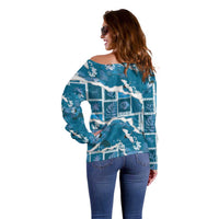 Hawaii Japanese Culture Blue Off Shoulder Sweater Spring Cranes Aloha Pattern