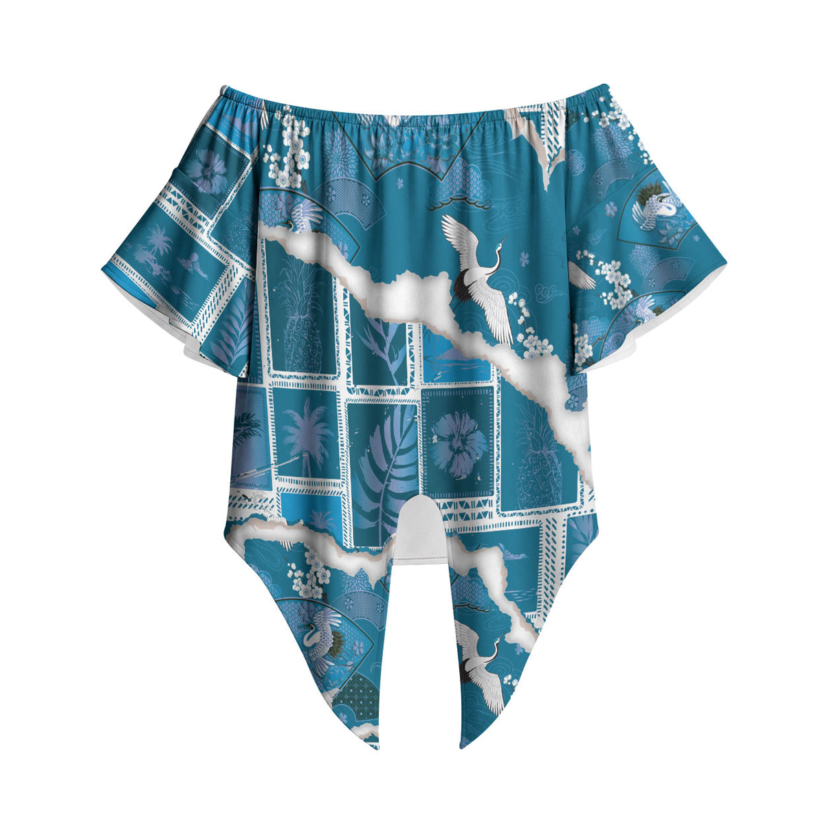 Hawaii Japanese Culture Blue Off Shoulder Wrap Waist Top Spring Cranes Aloha Pattern LT01 Blue - Polynesian Pride