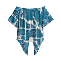 Hawaii Japanese Culture Blue Off Shoulder Wrap Waist Top Spring Cranes Aloha Pattern LT01 Blue - Polynesian Pride