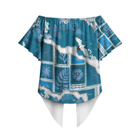 Hawaii Japanese Culture Blue Off Shoulder Wrap Waist Top Spring Cranes Aloha Pattern LT01 - Polynesian Pride
