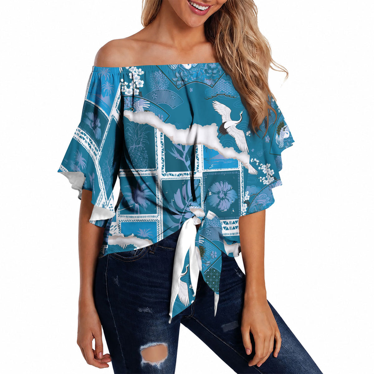 Hawaii Japanese Culture Blue Off Shoulder Wrap Waist Top Spring Cranes Aloha Pattern LT01 - Polynesian Pride