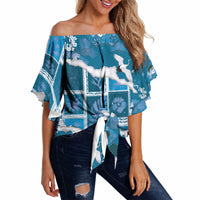 Hawaii Japanese Culture Blue Off Shoulder Wrap Waist Top Spring Cranes Aloha Pattern LT01 - Polynesian Pride