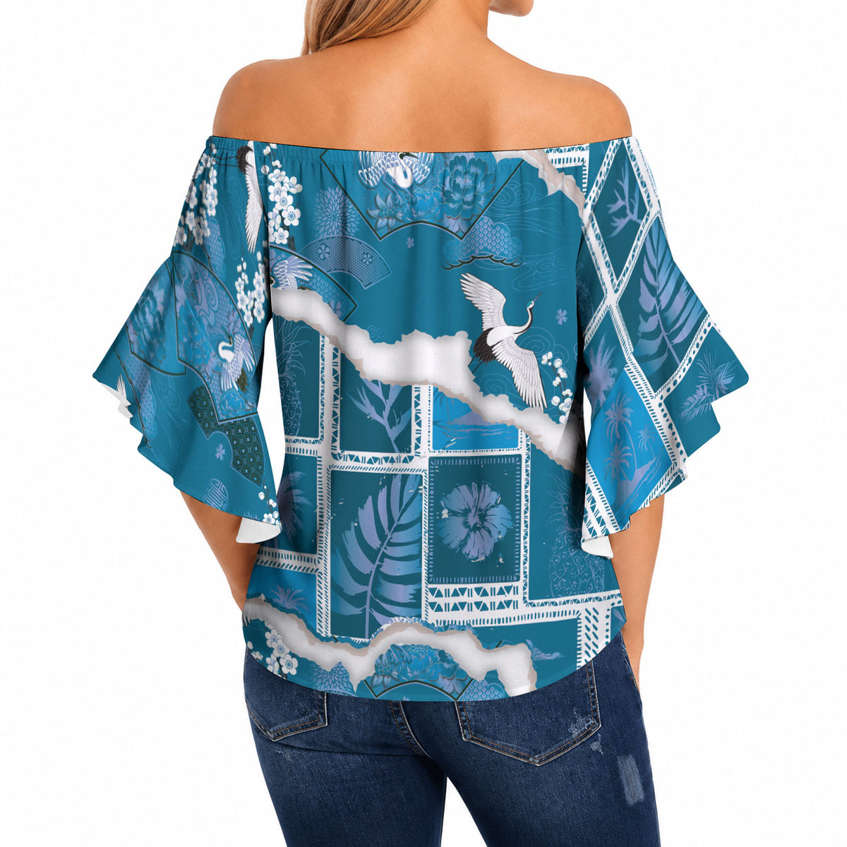 Hawaii Japanese Culture Blue Off Shoulder Wrap Waist Top Spring Cranes Aloha Pattern LT01 - Polynesian Pride