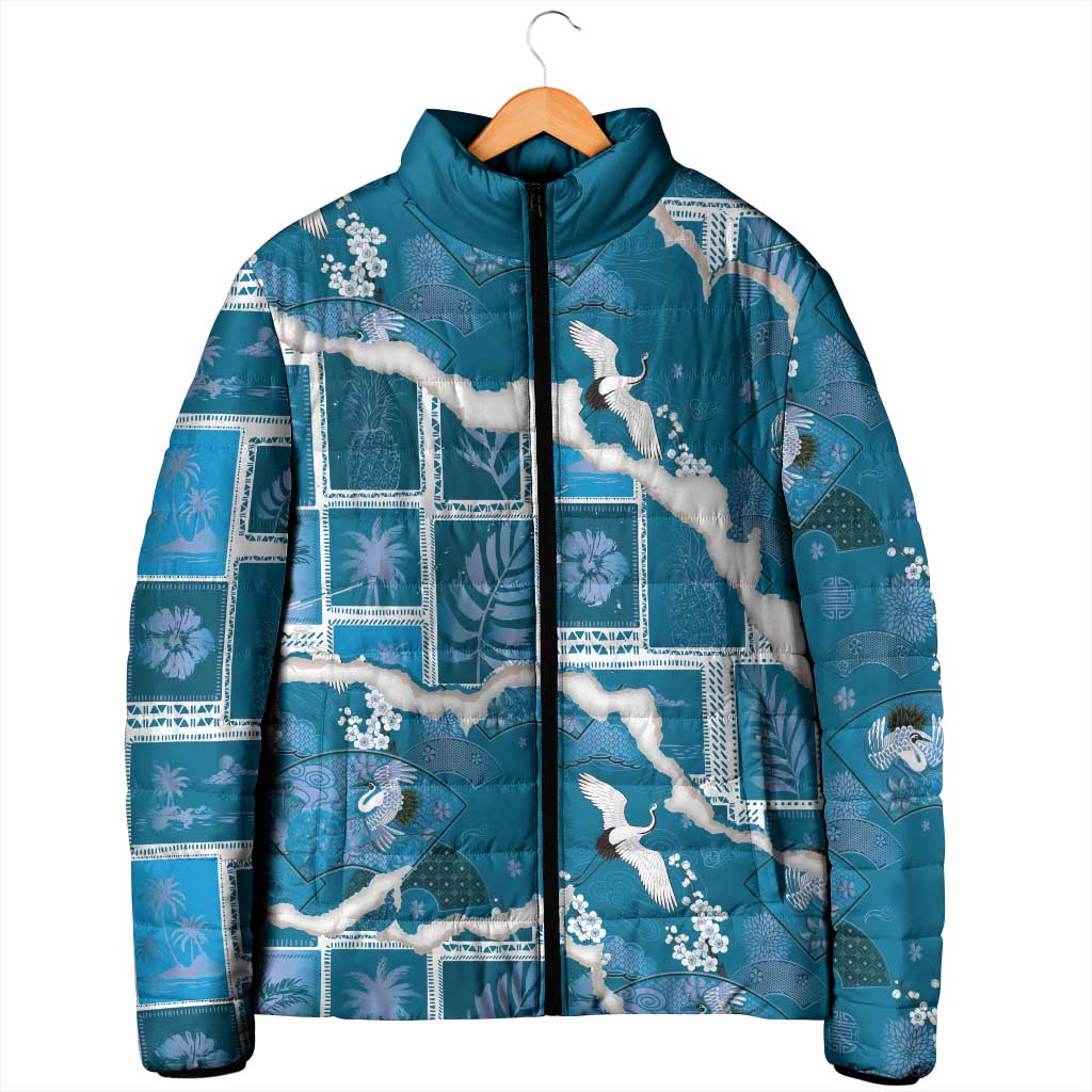 Hawaii Japanese Culture Blue Padded Jacket Spring Cranes Aloha Pattern