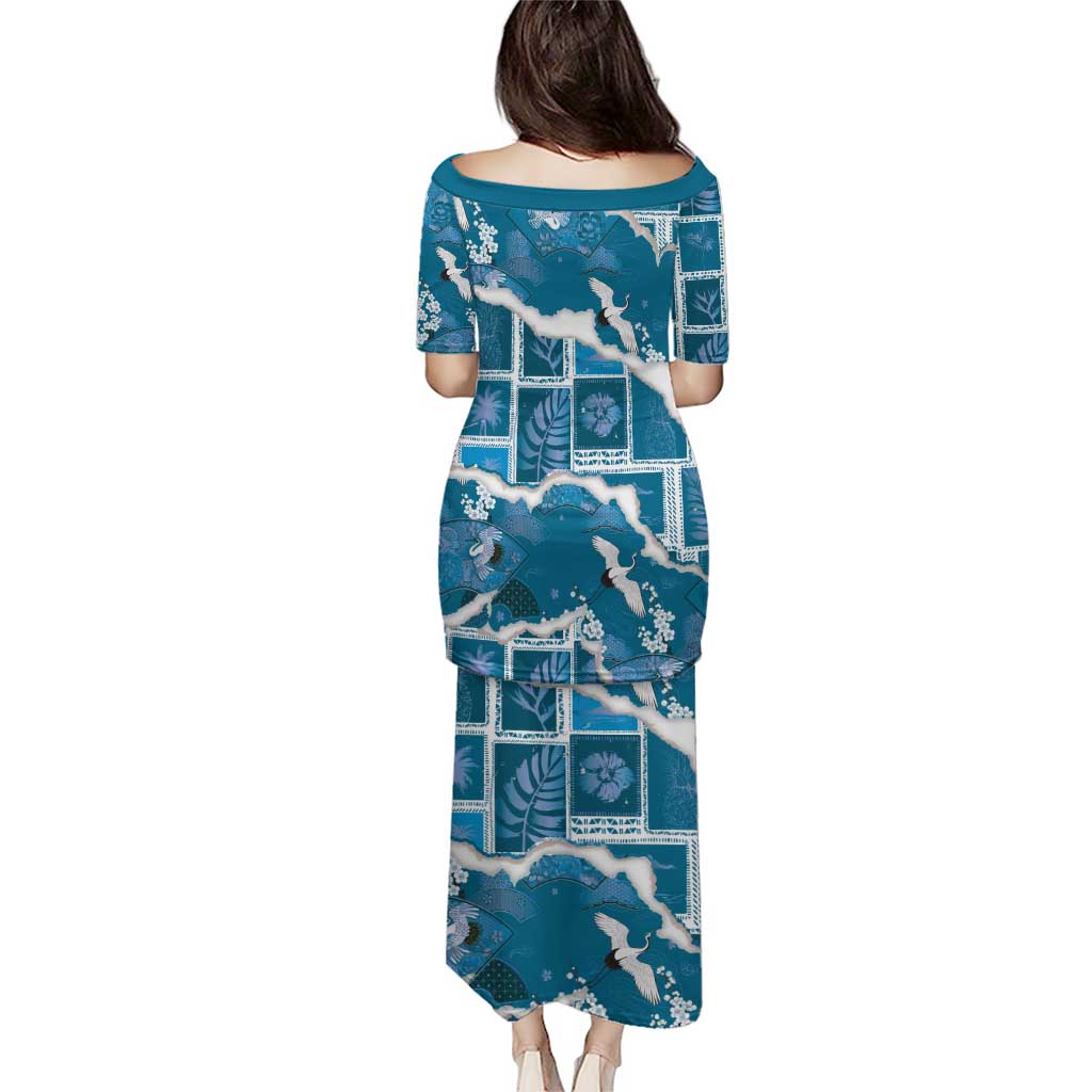 Hawaii Japanese Culture Blue Puletasi Spring Cranes Aloha Pattern