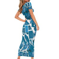 Hawaii Japanese Culture Blue Short Sleeve Bodycon Dress Spring Cranes Aloha Pattern
