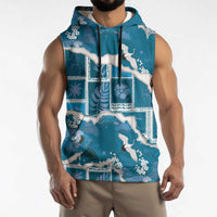 Hawaii Japanese Culture Blue Sleeveless Hoodie Spring Cranes Aloha Pattern