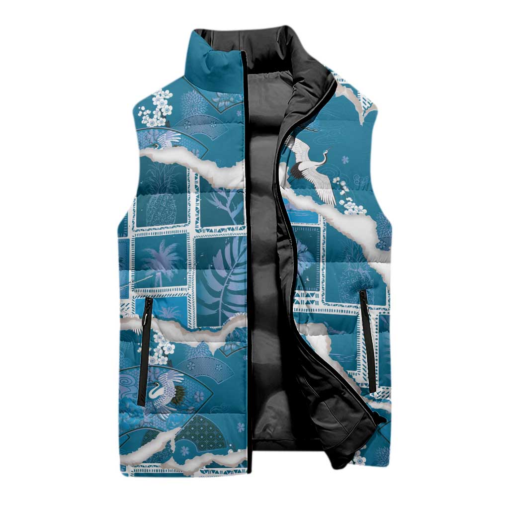 Hawaii Japanese Culture Blue Sleeveless Puffer Jacket Spring Cranes Aloha Pattern