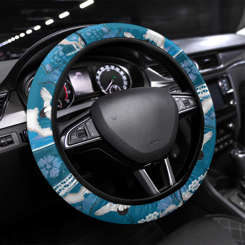 Hawaii Japanese Culture Blue Steering Wheel Cover Spring Cranes Aloha Pattern