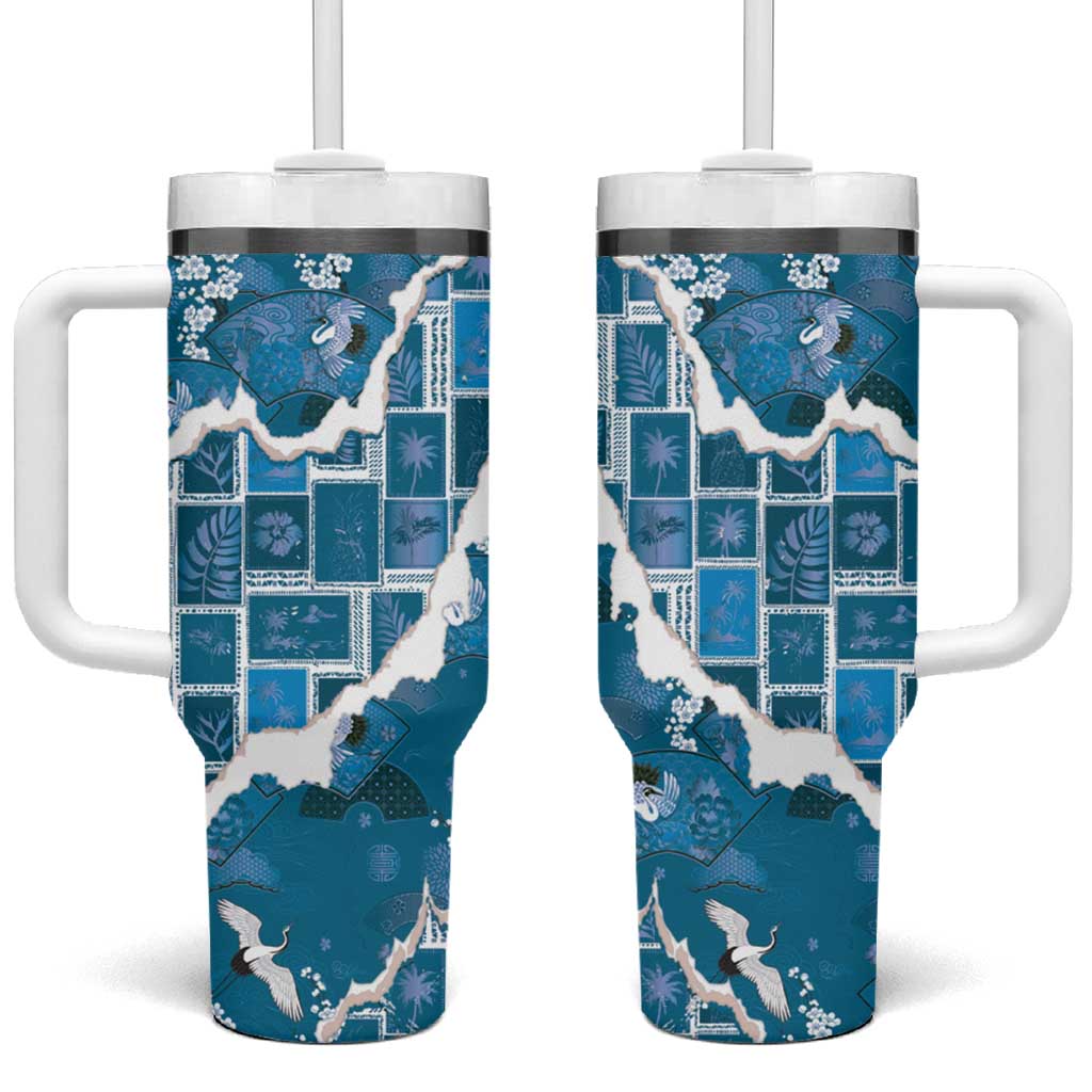 Hawaii Japanese Culture Blue Tumbler With Handle Spring Cranes Aloha Pattern