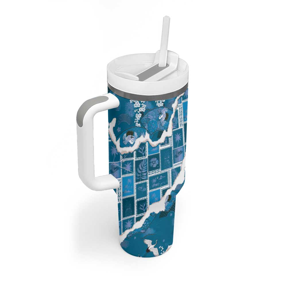 Hawaii Japanese Culture Blue Tumbler With Handle Spring Cranes Aloha Pattern