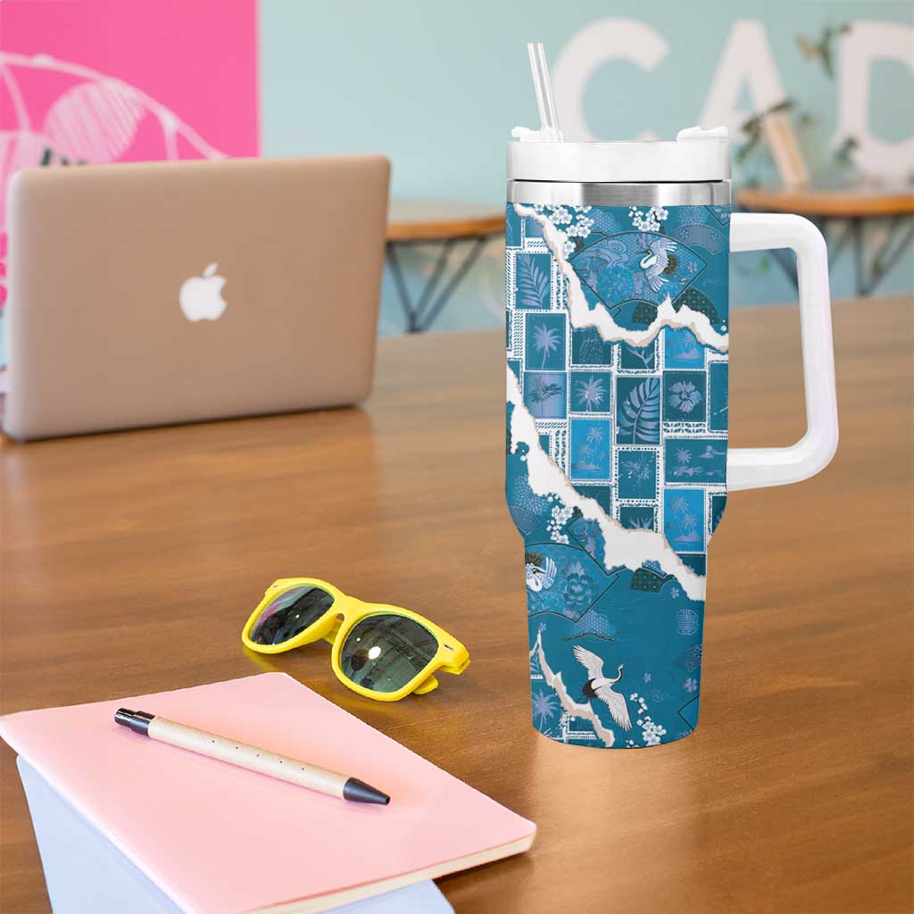 Hawaii Japanese Culture Blue Tumbler With Handle Spring Cranes Aloha Pattern