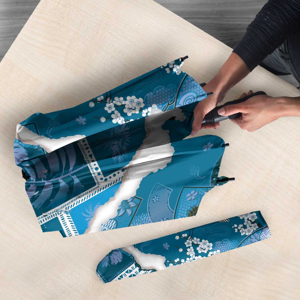 Hawaii Japanese Culture Blue Umbrella Spring Cranes Aloha Pattern