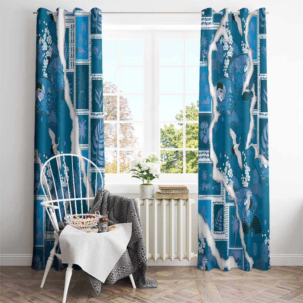 Hawaii Japanese Culture Blue Window Curtain Spring Cranes Aloha Pattern