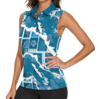 Hawaii Japanese Culture Blue Women Sleeveless Polo Shirt Spring Cranes Aloha Pattern
