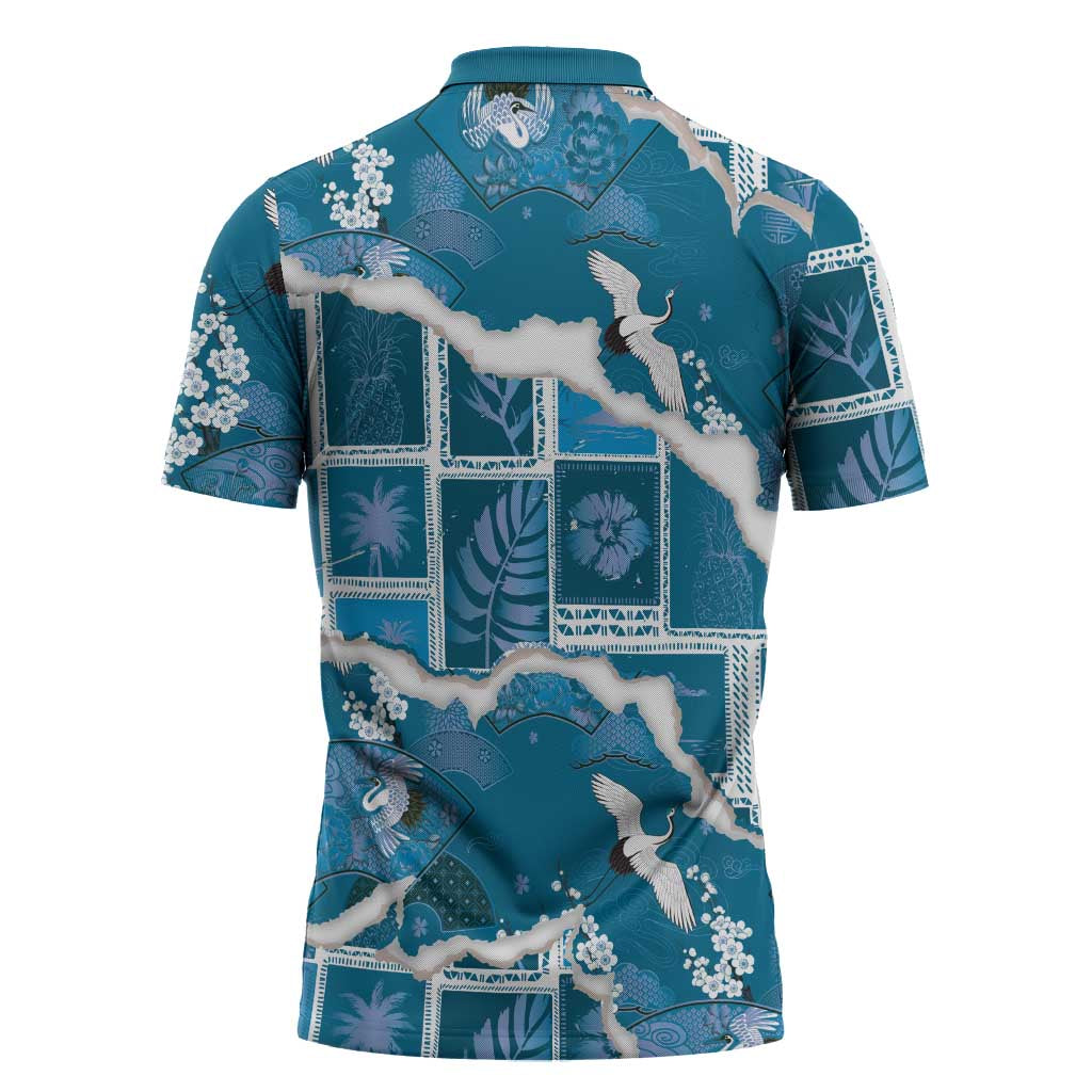 Hawaii Japanese Culture Blue Zipper Polo Shirt Spring Cranes Aloha Pattern