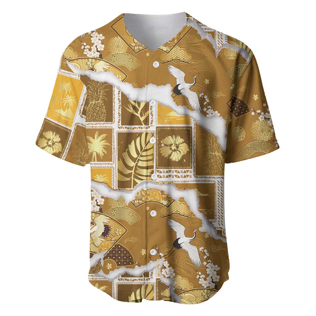 Hawaii Japanese Culture Gold Baseball Jersey Spring Cranes Aloha Pattern