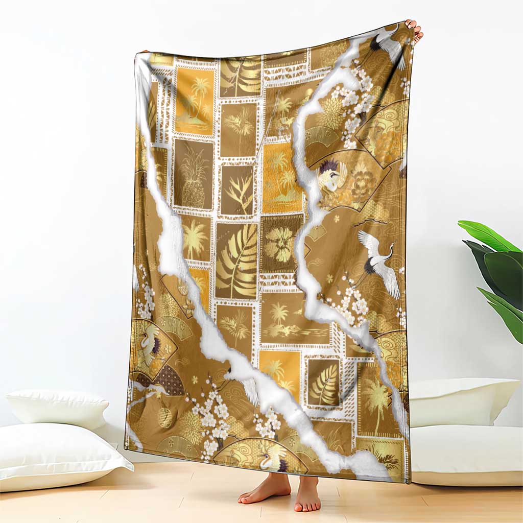 Hawaii Japanese Culture Gold Blanket Spring Cranes Aloha Pattern