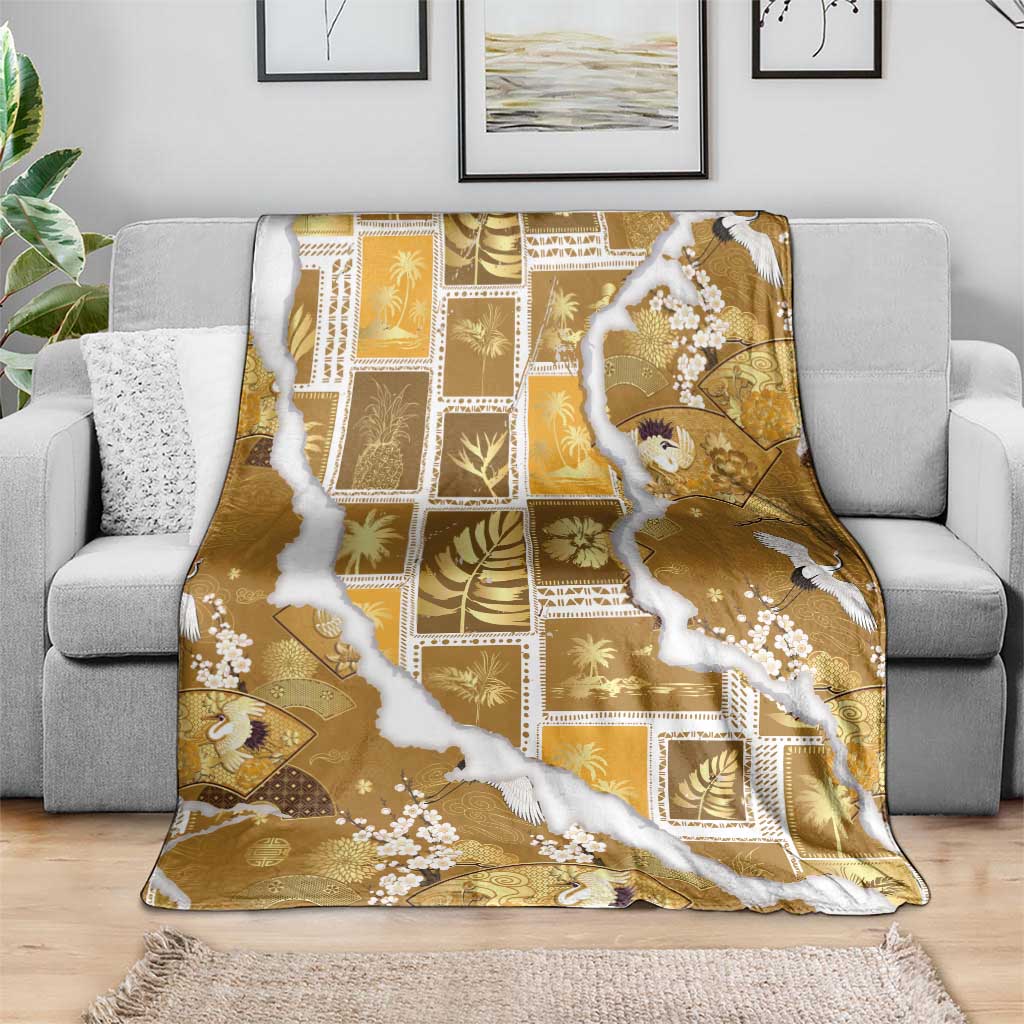 Hawaii Japanese Culture Gold Blanket Spring Cranes Aloha Pattern