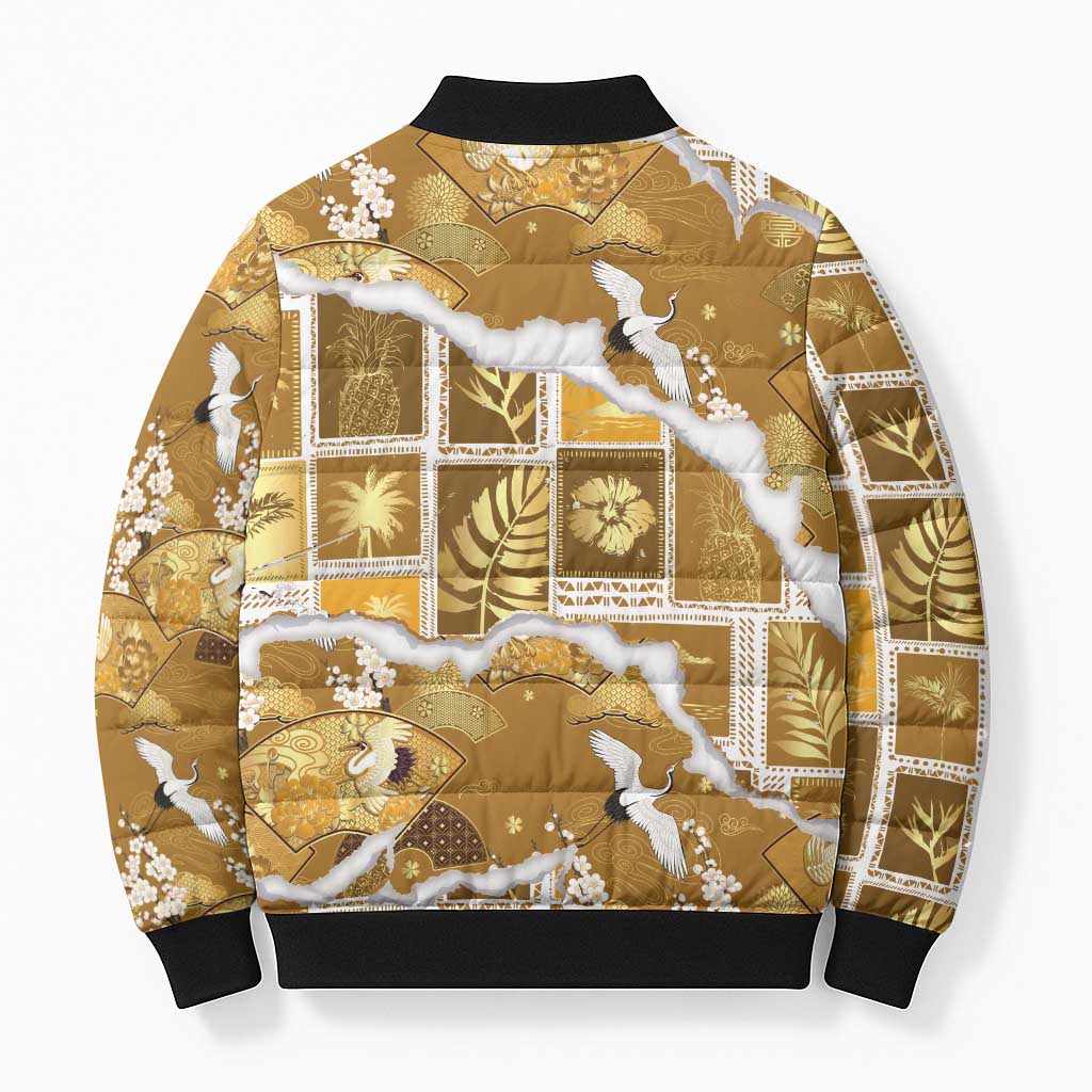 Hawaii Japanese Culture Gold Bomber Puffer Jacket Spring Cranes Aloha Pattern
