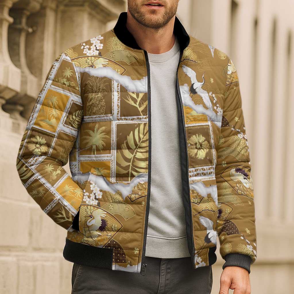 Hawaii Japanese Culture Gold Bomber Puffer Jacket Spring Cranes Aloha Pattern