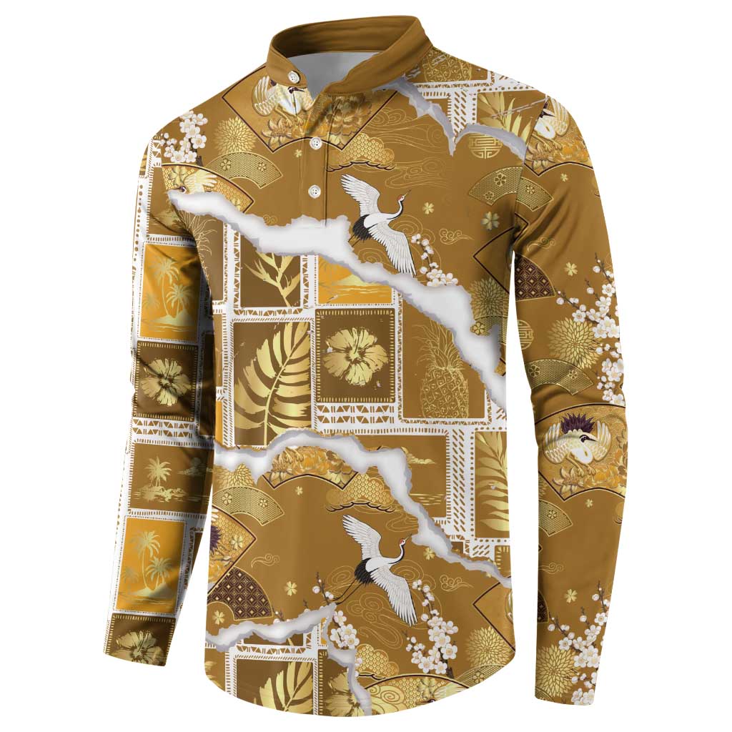 Hawaii Japanese Culture Gold Button Sweatshirt Spring Cranes Aloha Pattern