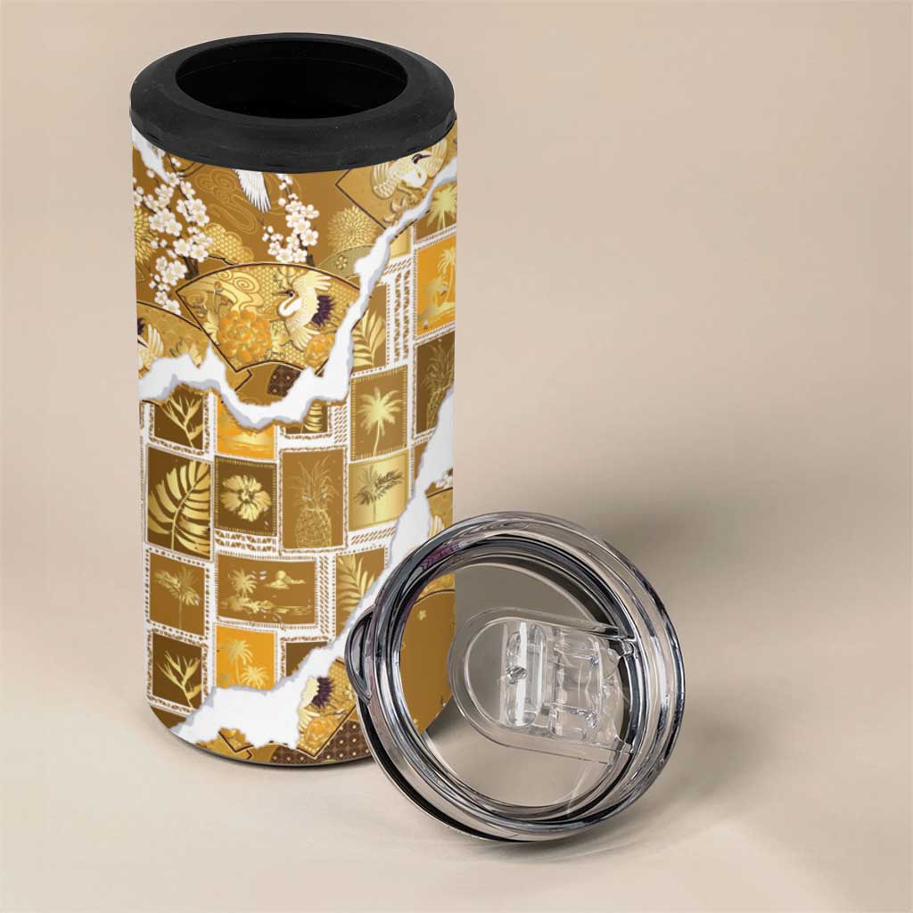Hawaii Japanese Culture Gold 4 in 1 Can Cooler Tumbler Spring Cranes Aloha Pattern