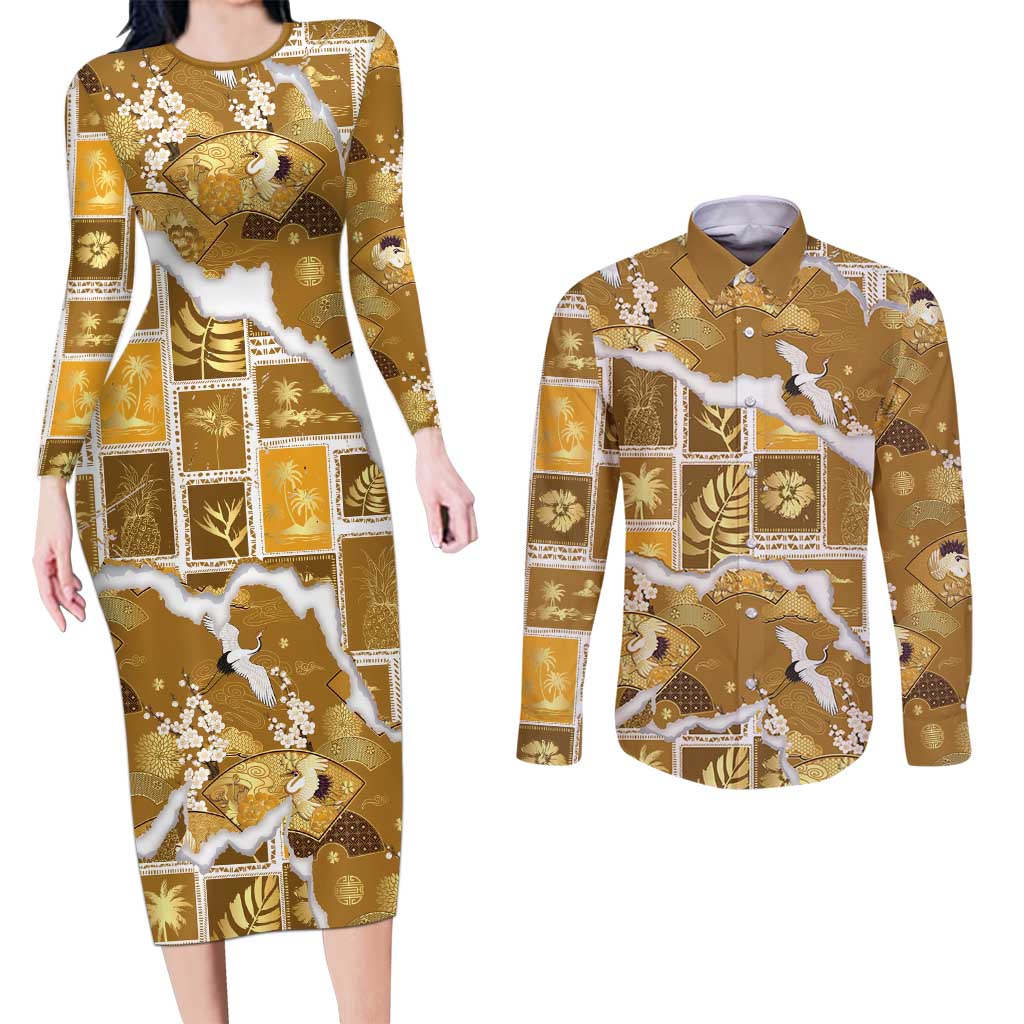 Hawaii Japanese Culture Gold Couples Matching Long Sleeve Bodycon Dress and Long Sleeve Button Shirt Spring Cranes Aloha Pattern LT01 Gold - Polynesian Pride