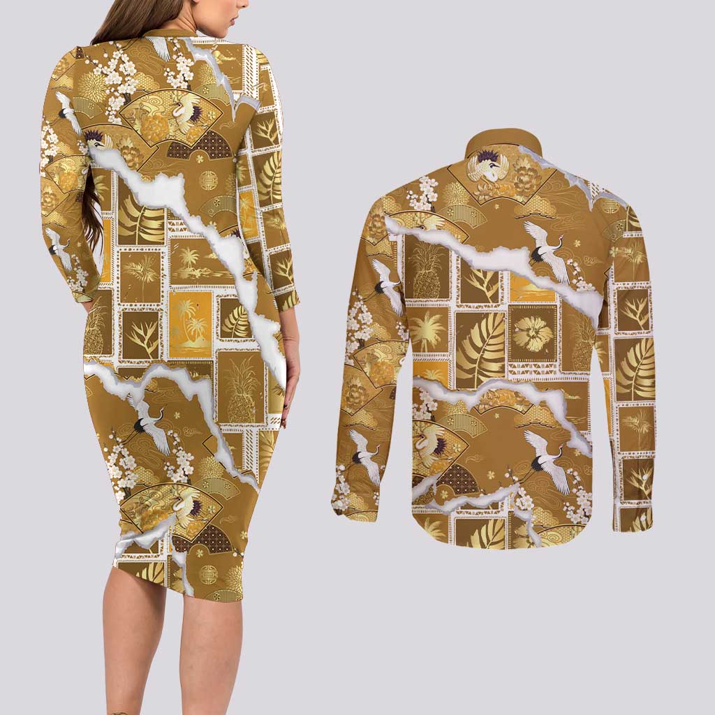 Hawaii Japanese Culture Gold Couples Matching Long Sleeve Bodycon Dress and Long Sleeve Button Shirt Spring Cranes Aloha Pattern LT01 - Polynesian Pride