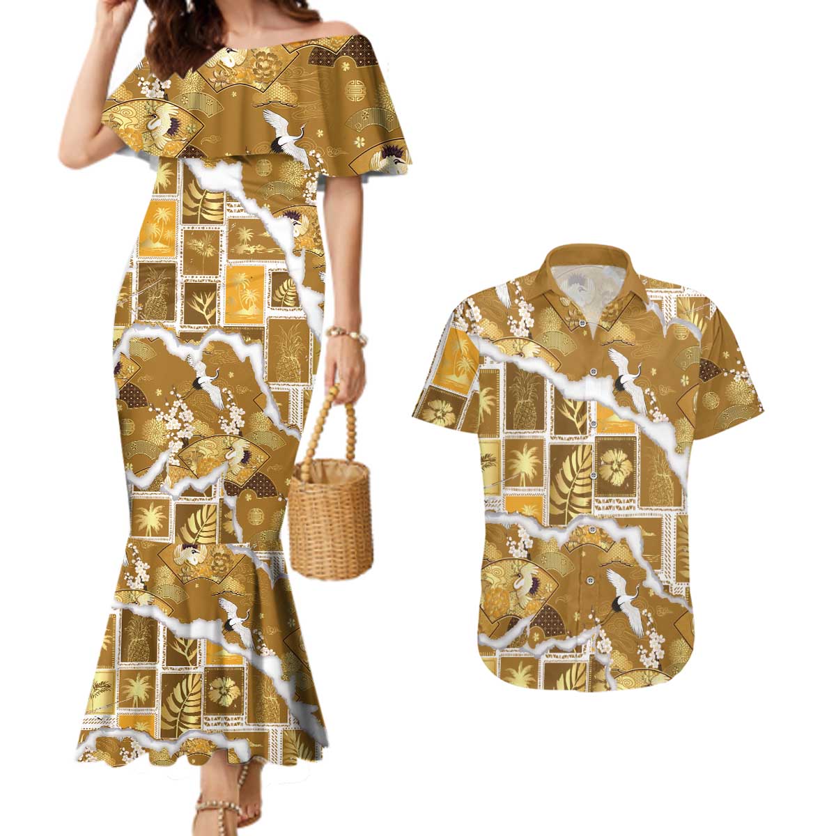 Hawaii Japanese Culture Gold Couples Matching Mermaid Dress and Hawaiian Shirt Spring Cranes Aloha Pattern LT01 Gold - Polynesian Pride