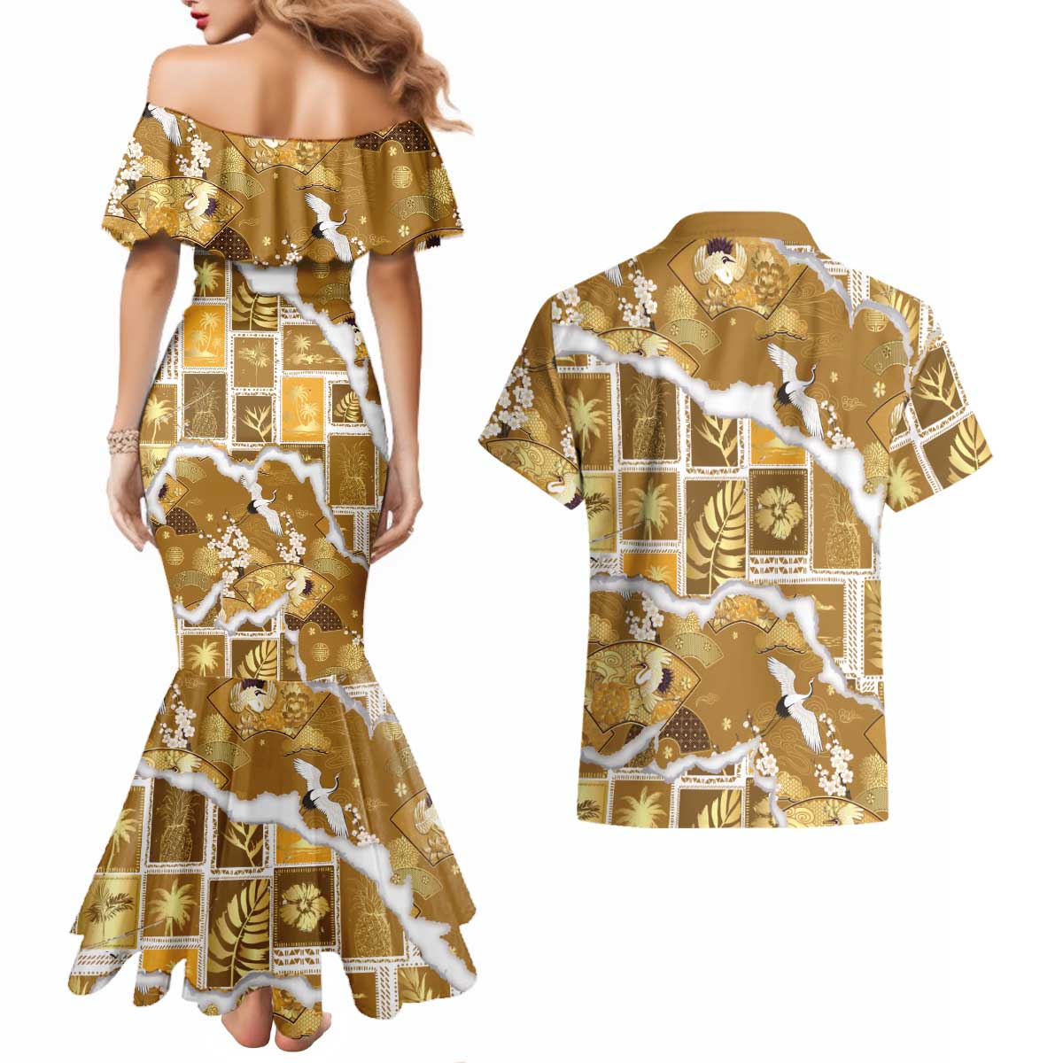 Hawaii Japanese Culture Gold Couples Matching Mermaid Dress and Hawaiian Shirt Spring Cranes Aloha Pattern LT01 - Polynesian Pride