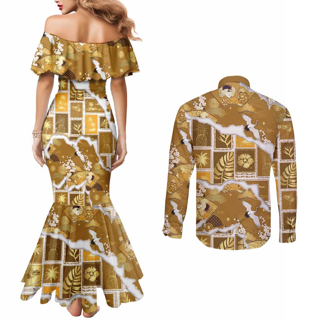 Hawaii Japanese Culture Gold Couples Matching Mermaid Dress and Long Sleeve Button Shirt Spring Cranes Aloha Pattern