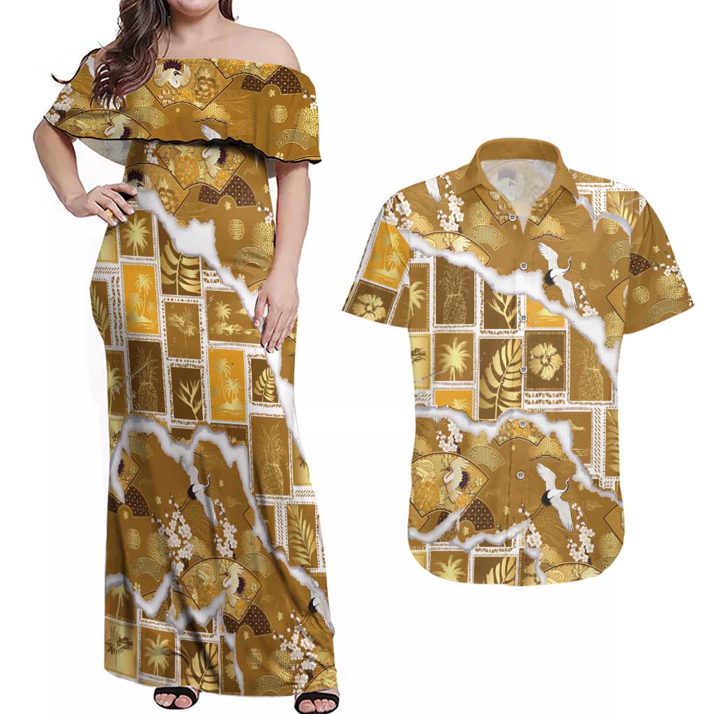 Hawaii Japanese Culture Gold Couples Matching Off Shoulder Maxi Dress and Hawaiian Shirt Spring Cranes Aloha Pattern
