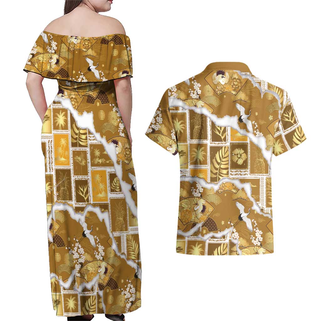Hawaii Japanese Culture Gold Couples Matching Off Shoulder Maxi Dress and Hawaiian Shirt Spring Cranes Aloha Pattern LT01 - Polynesian Pride