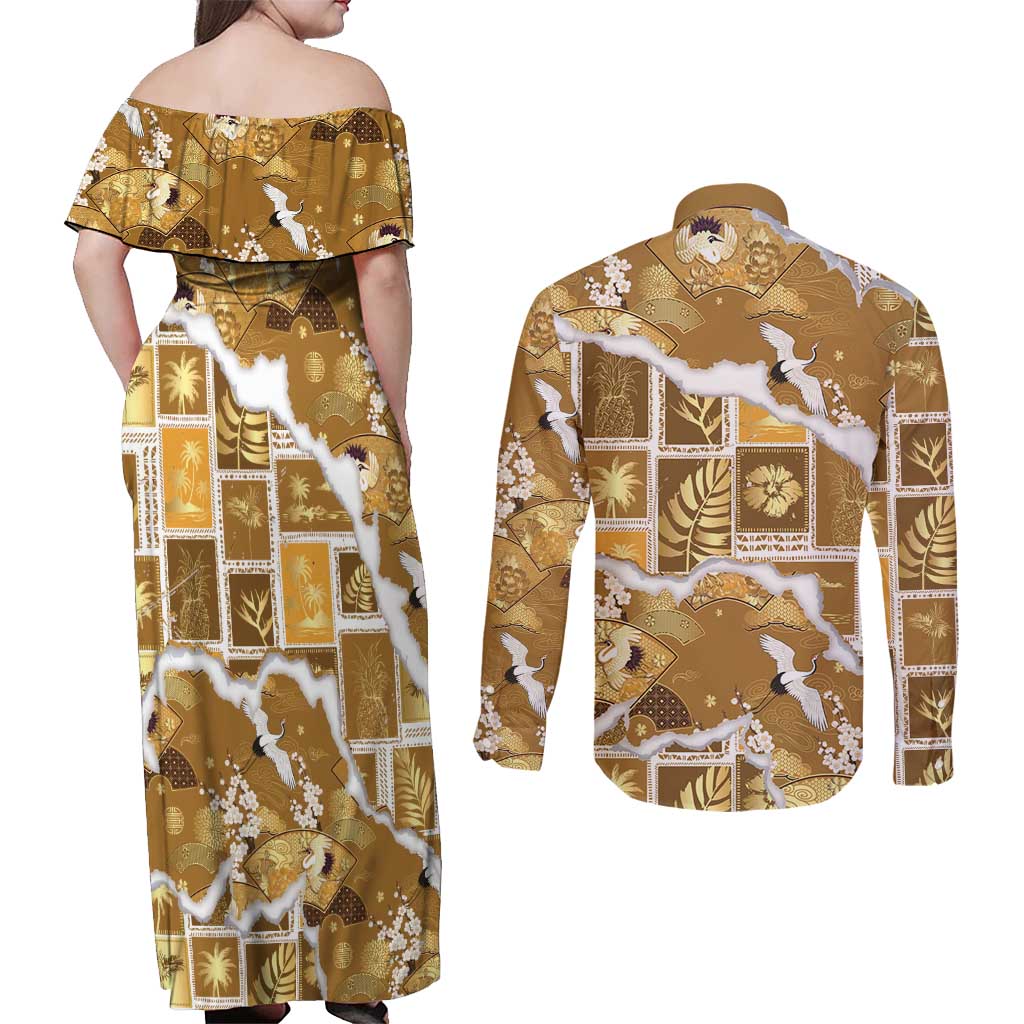 Hawaii Japanese Culture Gold Couples Matching Off Shoulder Maxi Dress and Long Sleeve Button Shirt Spring Cranes Aloha Pattern