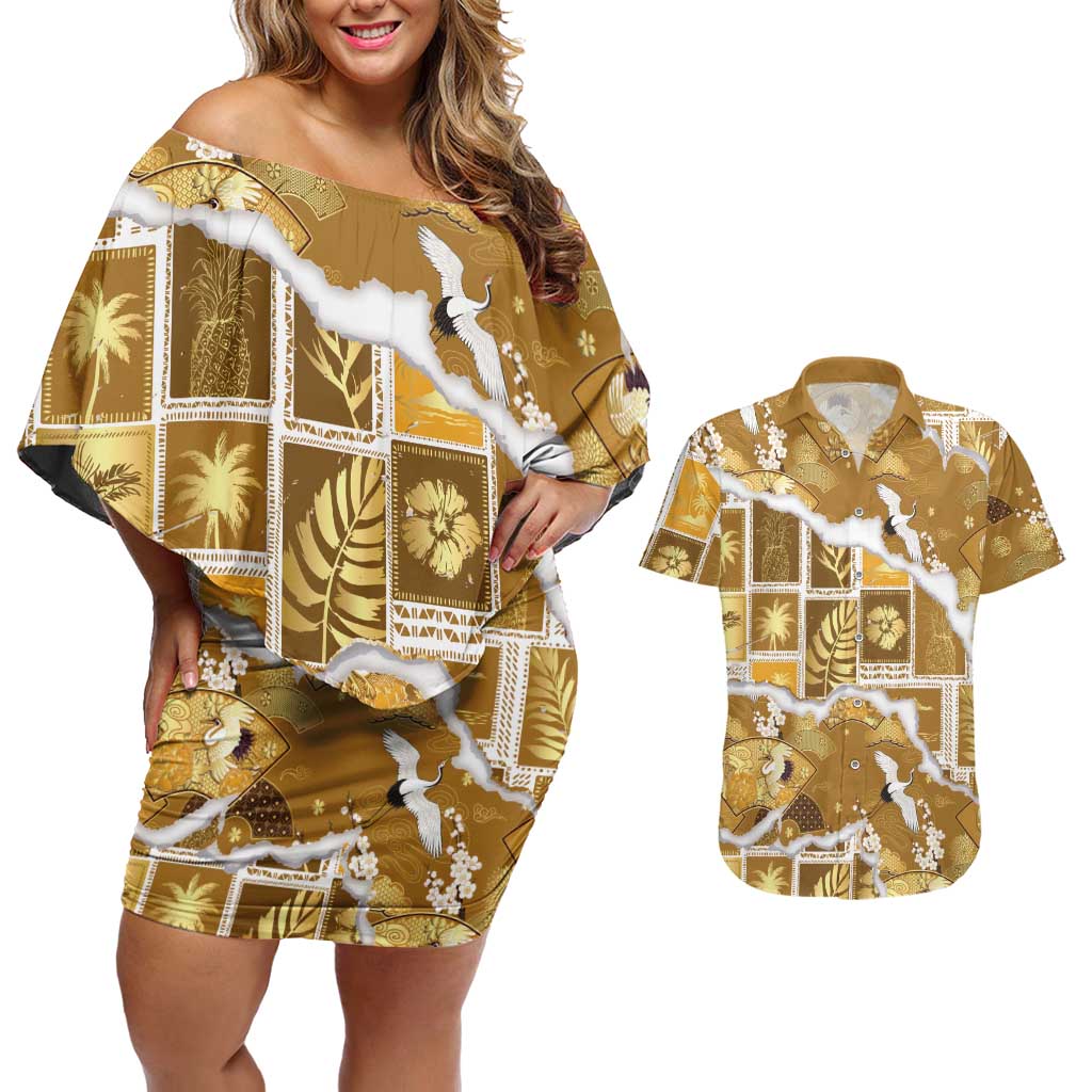 Hawaii Japanese Culture Gold Couples Matching Off Shoulder Short Dress and Hawaiian Shirt Spring Cranes Aloha Pattern LT01 Gold - Polynesian Pride