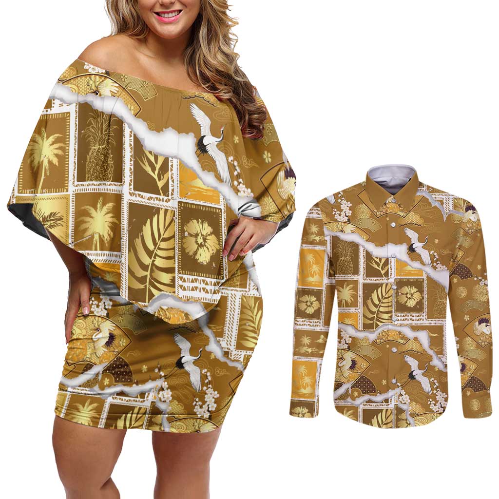 Hawaii Japanese Culture Gold Couples Matching Off Shoulder Short Dress and Long Sleeve Button Shirt Spring Cranes Aloha Pattern