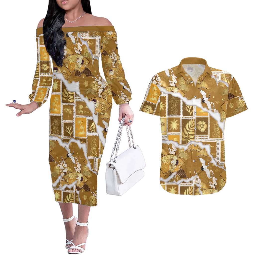 Hawaii Japanese Culture Gold Couples Matching Off The Shoulder Long Sleeve Dress and Hawaiian Shirt Spring Cranes Aloha Pattern LT01 Gold - Polynesian Pride