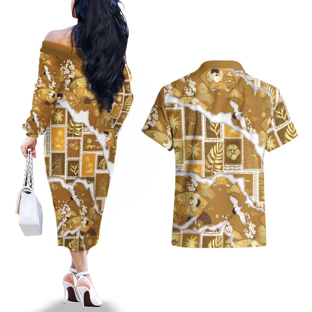 Hawaii Japanese Culture Gold Couples Matching Off The Shoulder Long Sleeve Dress and Hawaiian Shirt Spring Cranes Aloha Pattern LT01 - Polynesian Pride