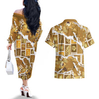 Hawaii Japanese Culture Gold Couples Matching Off The Shoulder Long Sleeve Dress and Hawaiian Shirt Spring Cranes Aloha Pattern LT01 - Polynesian Pride