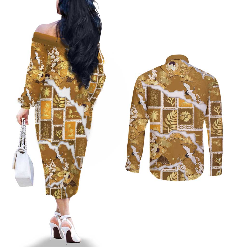 Hawaii Japanese Culture Gold Couples Matching Off The Shoulder Long Sleeve Dress and Long Sleeve Button Shirt Spring Cranes Aloha Pattern LT01 - Polynesian Pride