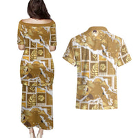 Hawaii Japanese Culture Gold Couples Matching Puletasi and Hawaiian Shirt Spring Cranes Aloha Pattern
