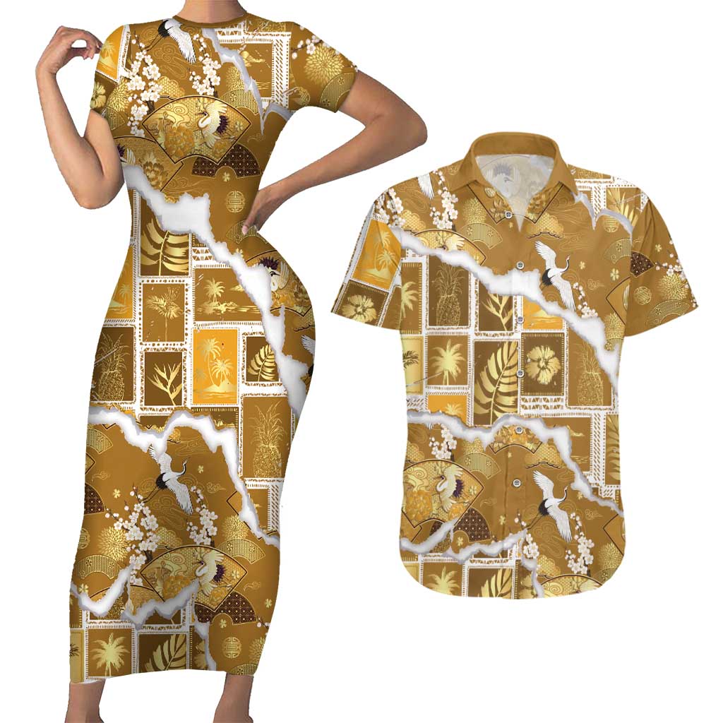 Hawaii Japanese Culture Gold Couples Matching Short Sleeve Bodycon Dress and Hawaiian Shirt Spring Cranes Aloha Pattern LT01 Gold - Polynesian Pride