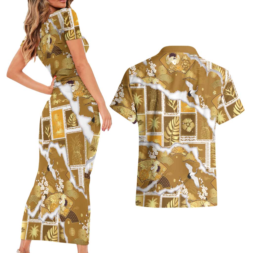 Hawaii Japanese Culture Gold Couples Matching Short Sleeve Bodycon Dress and Hawaiian Shirt Spring Cranes Aloha Pattern LT01 - Polynesian Pride